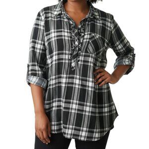 Croft & Barrow Black/White Plaid Long Sleeve Shirt-Size XL-Buttons Down 1/2